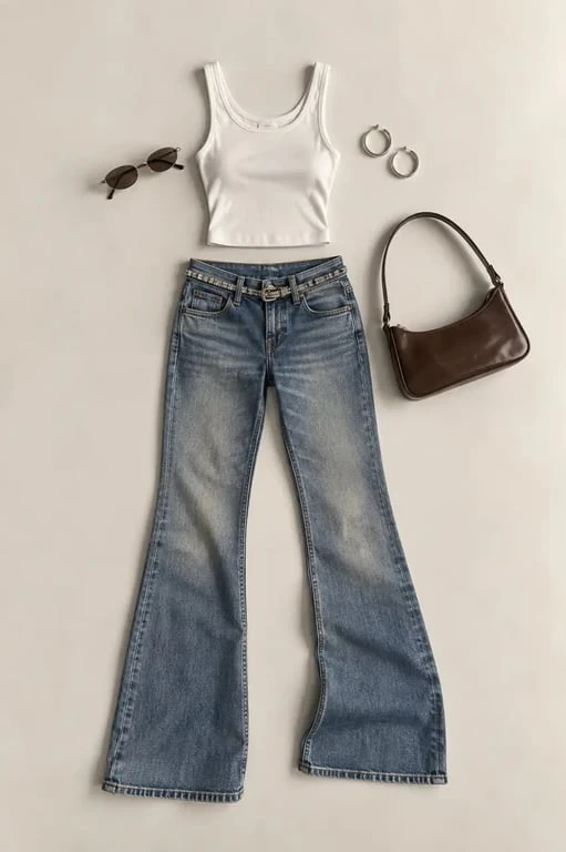Mode année 2000 femme : tenue complète avec jean taille basse et accessoires Y2K