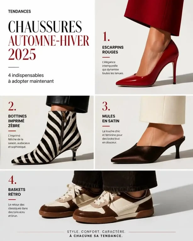 Tendances mode chaussures femme automne hiver 2025 : rouge, zèbre, satin et baskets rétro