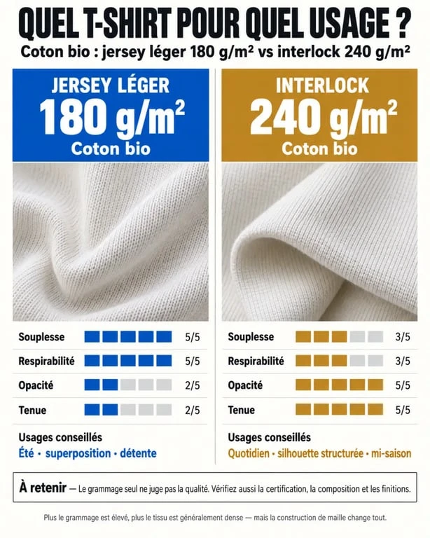 Infographie comparative sur le t-shirt coton bio en 180 g/m² et 240 g/m²