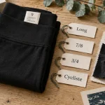 Legging coton bio plié sur table, couture et étiquettes longueur