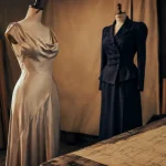 Mode femme année 30 40 : robe coupe en biais et épaules structurées