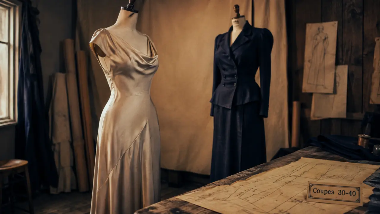 Mode femme année 30 40 : robe coupe en biais et épaules structurées