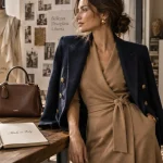 Mode italienne femme : robe midi camel, veste marine, style élégant Made in Italy