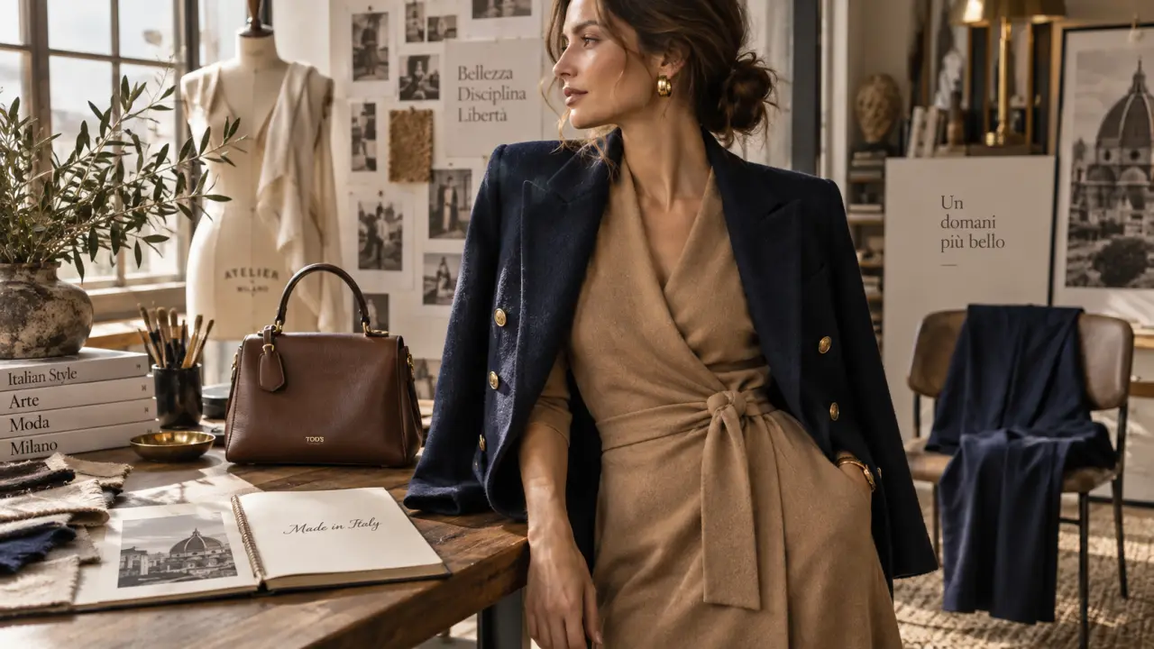Mode italienne femme : robe midi camel, veste marine, style élégant Made in Italy