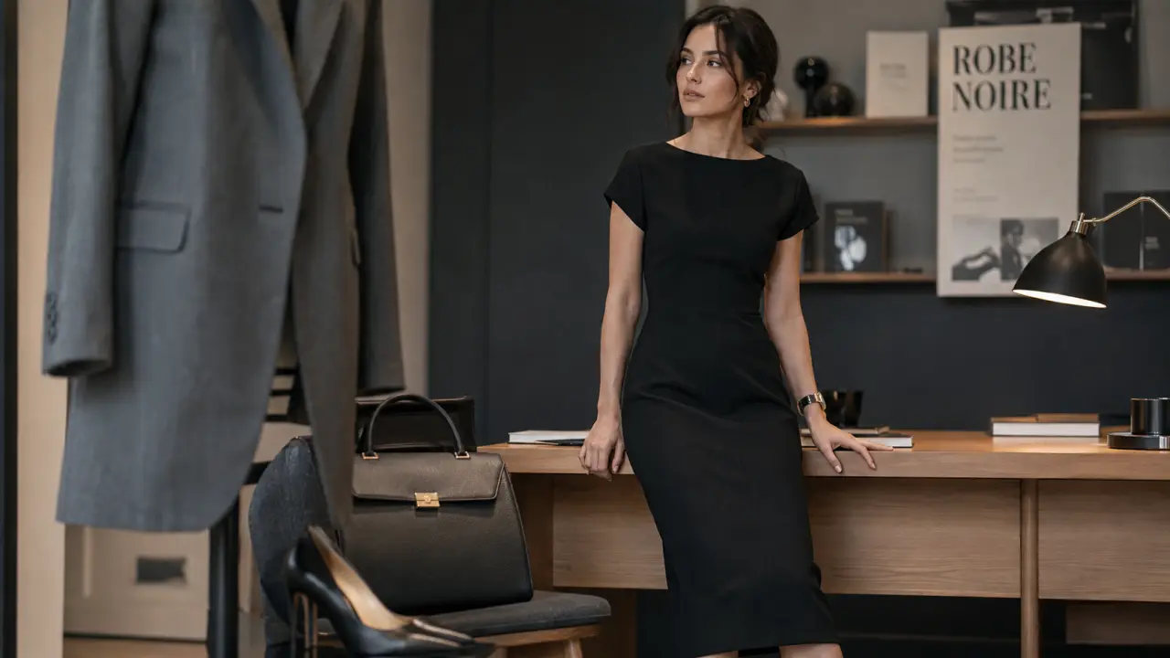 Robe noire droite chic mi-longue, bureau bois clair, accessoires gris et noir