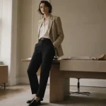 Tenue chic femme : blazer beige et pantalon noir, style bureau lumineux