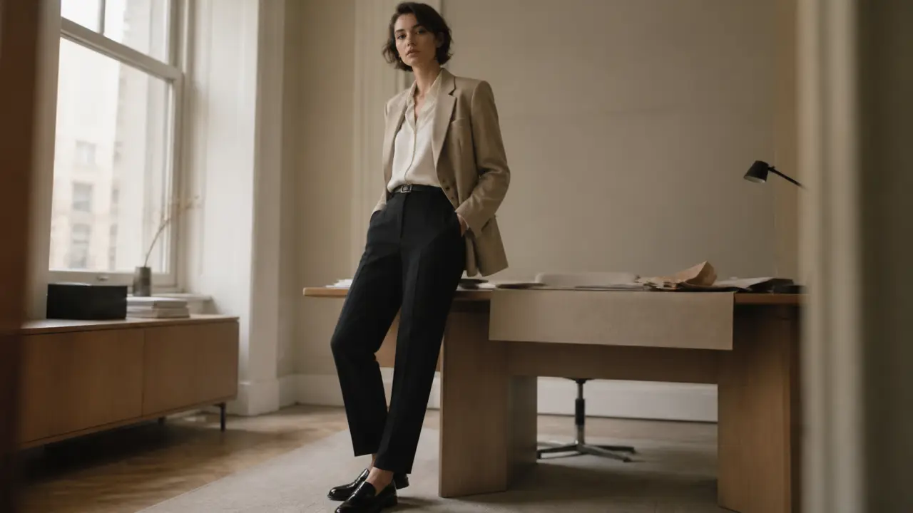 Tenue chic femme : blazer beige et pantalon noir, style bureau lumineux
