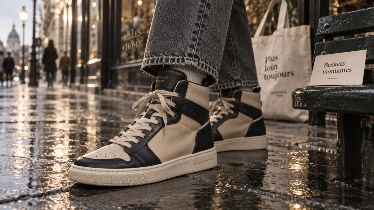 Chaussures montantes femme : baskets cuir beige et noir, tige haute, semelle caoutchouc