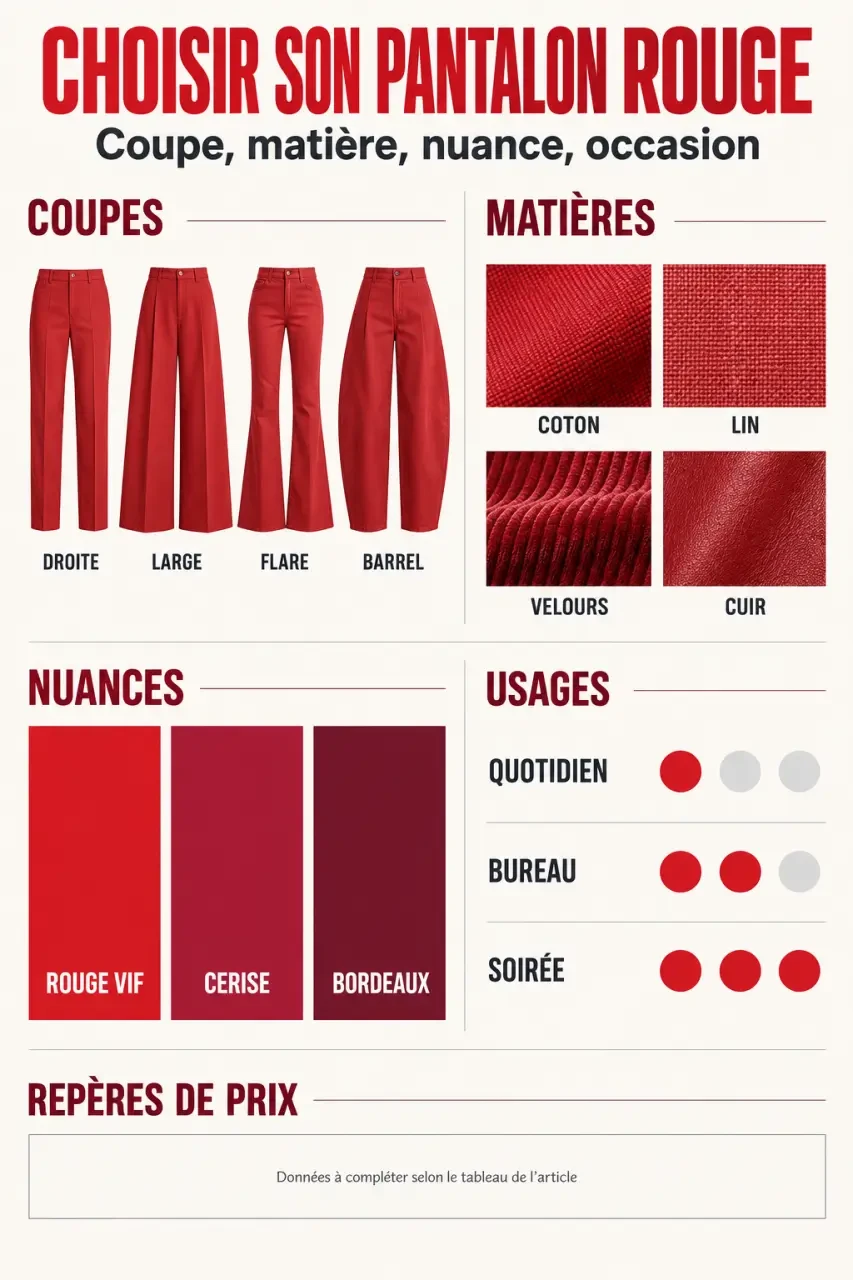 Infographie pour choisir un pantalon rouge femme selon la coupe, la matière, la nuance et l’occasion