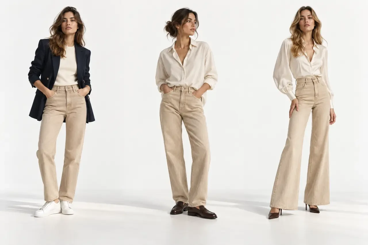 Idées de tenues avec un jean beige femme, des baskets, des mocassins et des talons