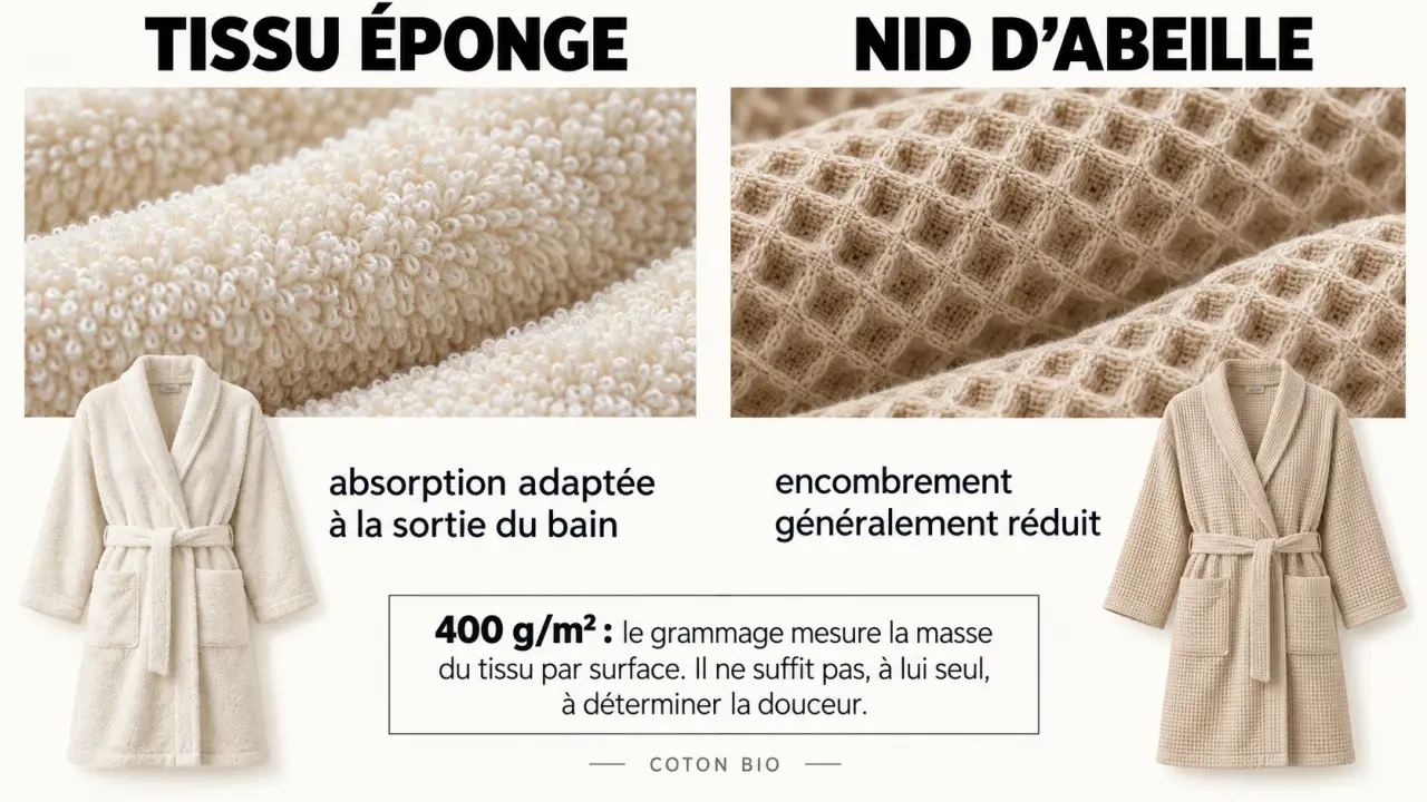 Infographie pour choisir un peignoir de bain coton bio entre tissu éponge et nid d’abeille