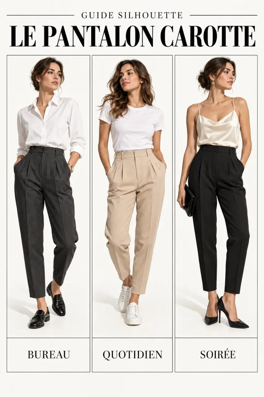 Pantalon carotte femme porté avec des looks de bureau, de ville et de soirée