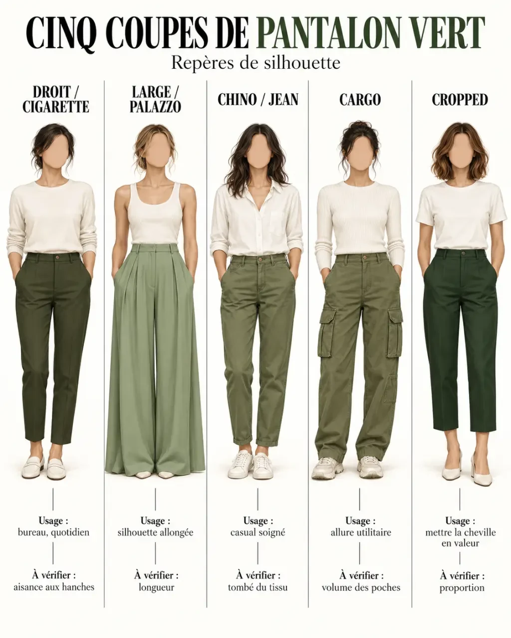 Pantalon vert femme : comparaison visuelle des coupes droite, palazzo, chino, cargo et cropped