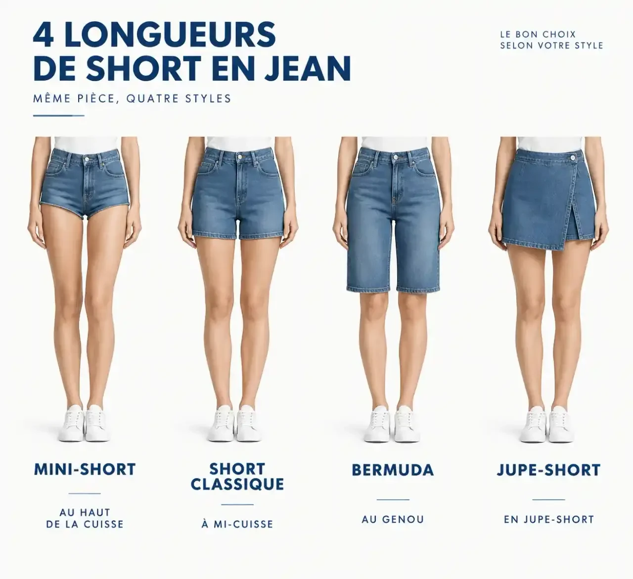 Comparatif des longueurs de shorts en jean femme : mini-short, short classique, bermuda et jupe-short