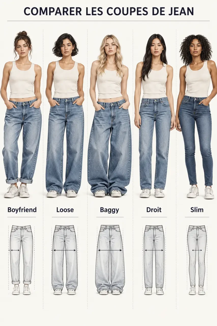 Comparatif des coupes de femme jean boyfriend, loose, baggy, droit et slim