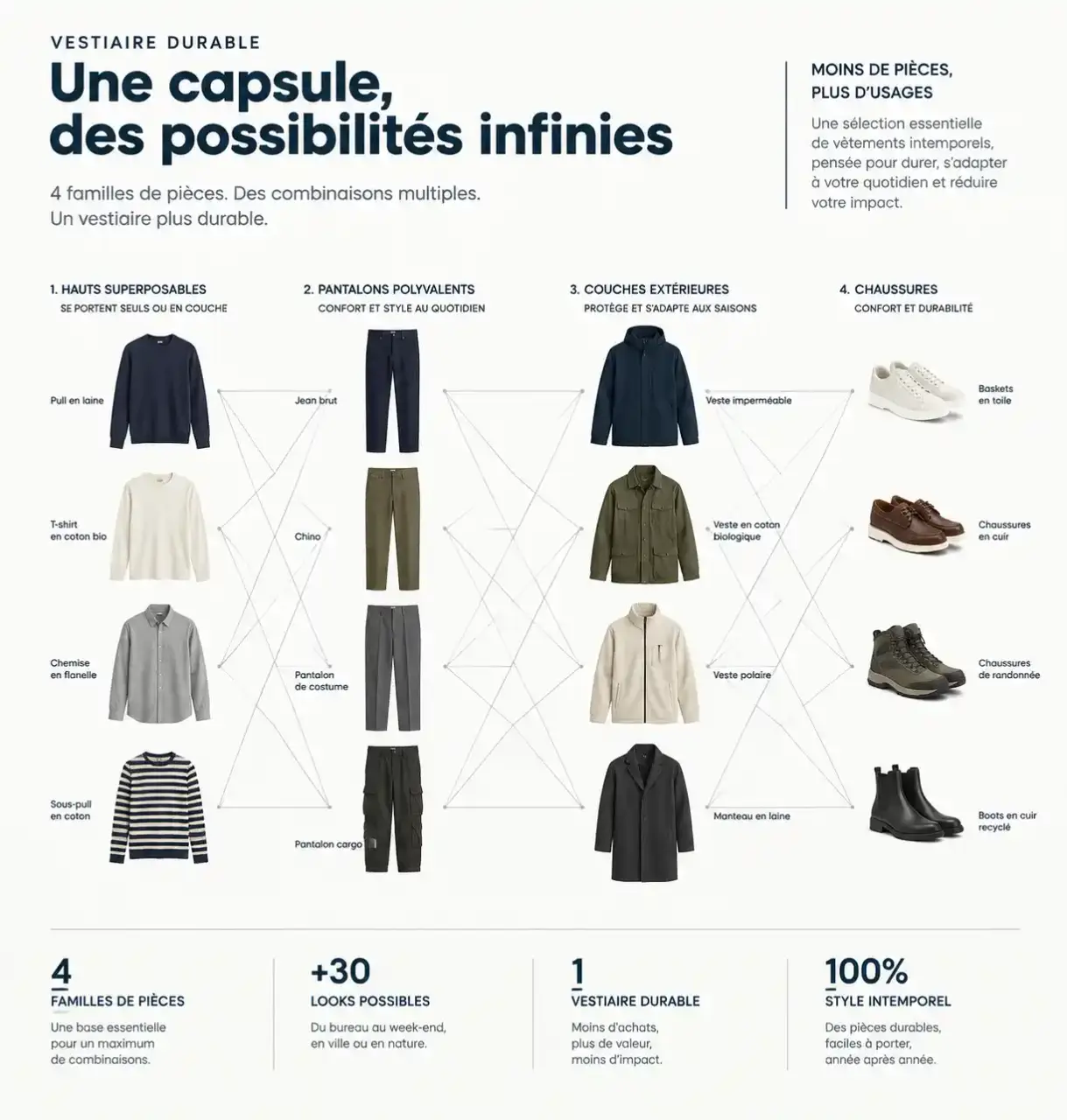 Schéma d'un vestiaire durable et élégant : pièces de base neutres et leurs combinaisons pour construire une garde-robe sans sacrifier le style