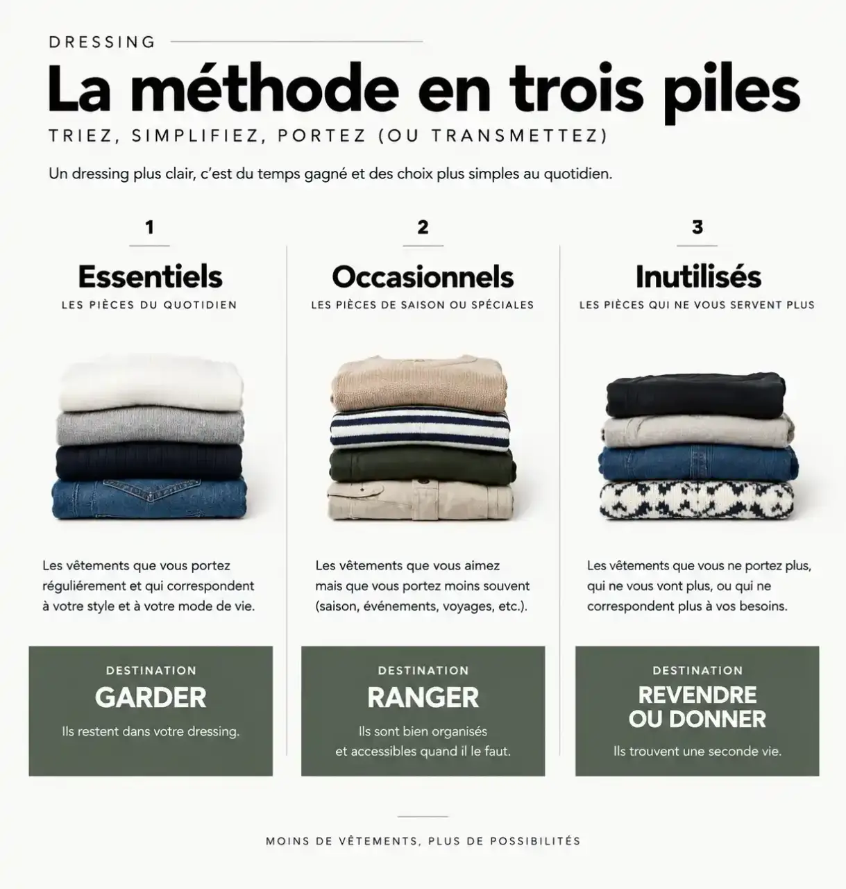 Méthode des trois piles pour trier son dressing et bâtir un vestiaire durable et élégant sans sacrifier le style