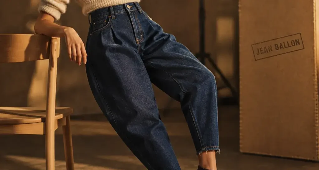 Jean ballon femme : du volume aux cuisses, une cheville structurée