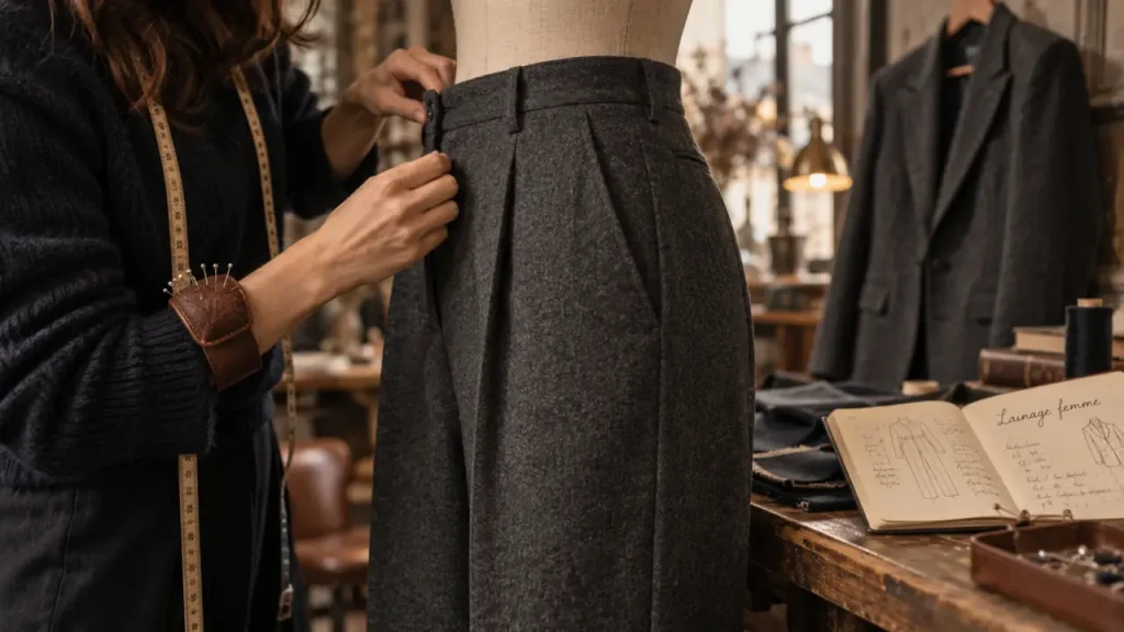 Le pantalon en lainage femme réchauffe la silhouette sans l’alourdir