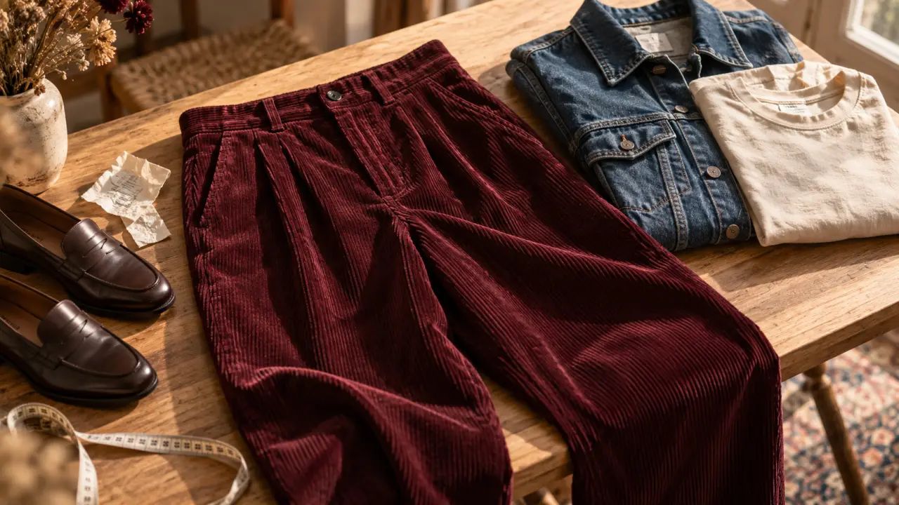 Pantalon rouge femme bordeaux sur table, photo mode éditoriale