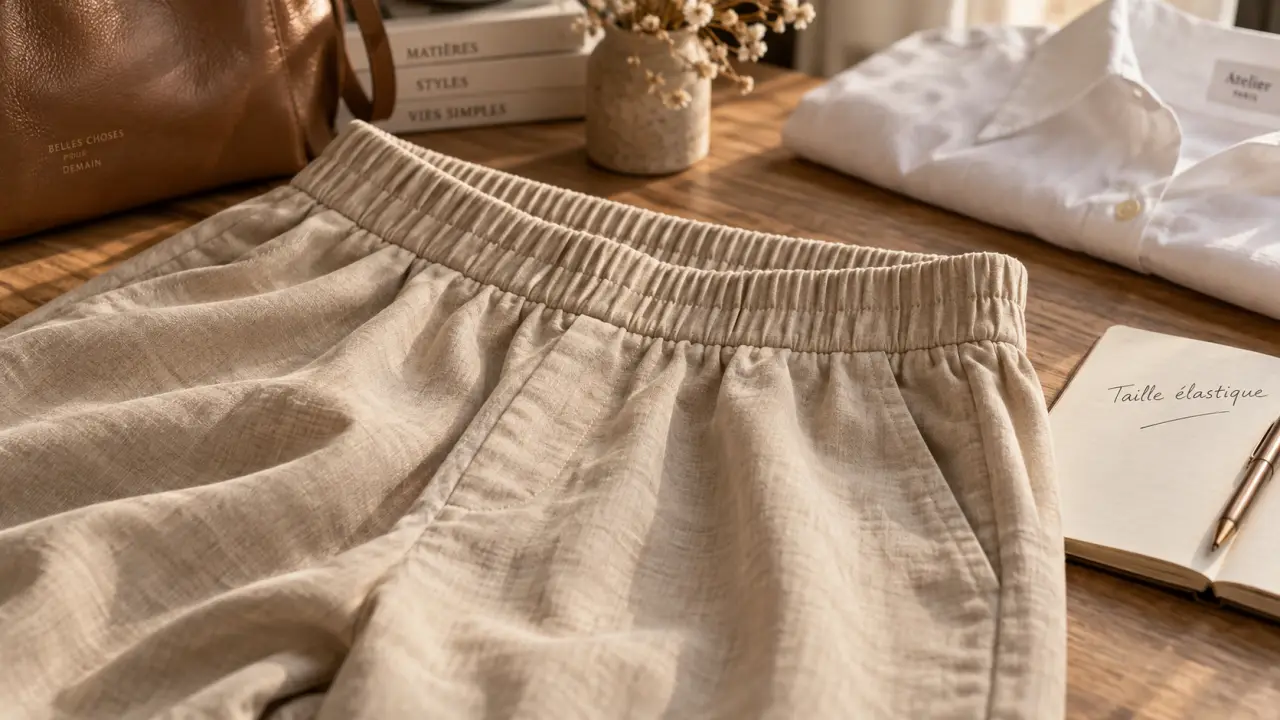 Pantalon taille élastique femme beige sable, ceinture souple