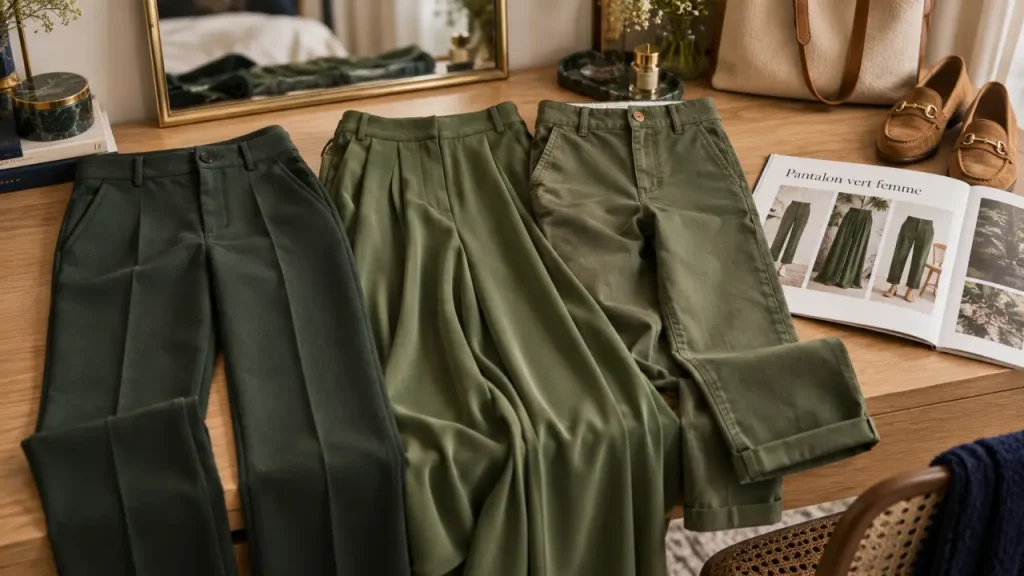 Pantalon vert femme : du kaki au sauge, choisir une coupe qui tombe juste