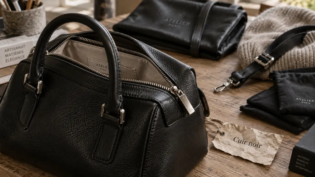 Sacs à main en cuir noir, couture et grain visibles