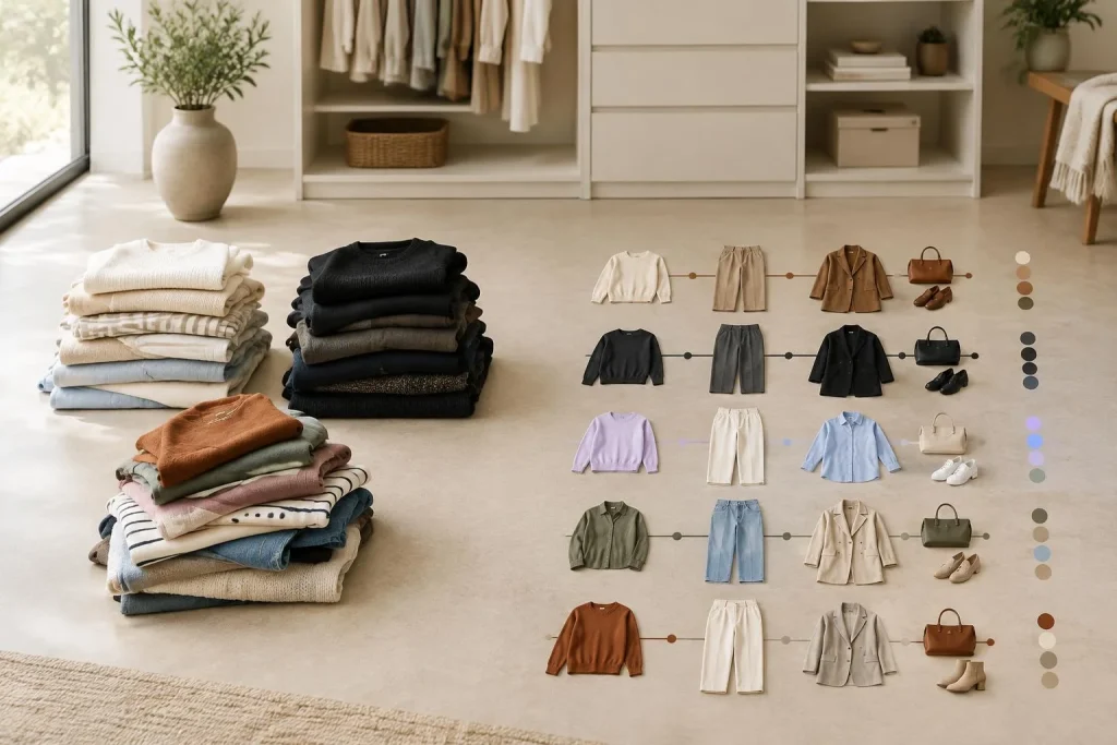 Vestiaire durable et élégant : 3 piles de tri et la règle des 3 à 5 associations